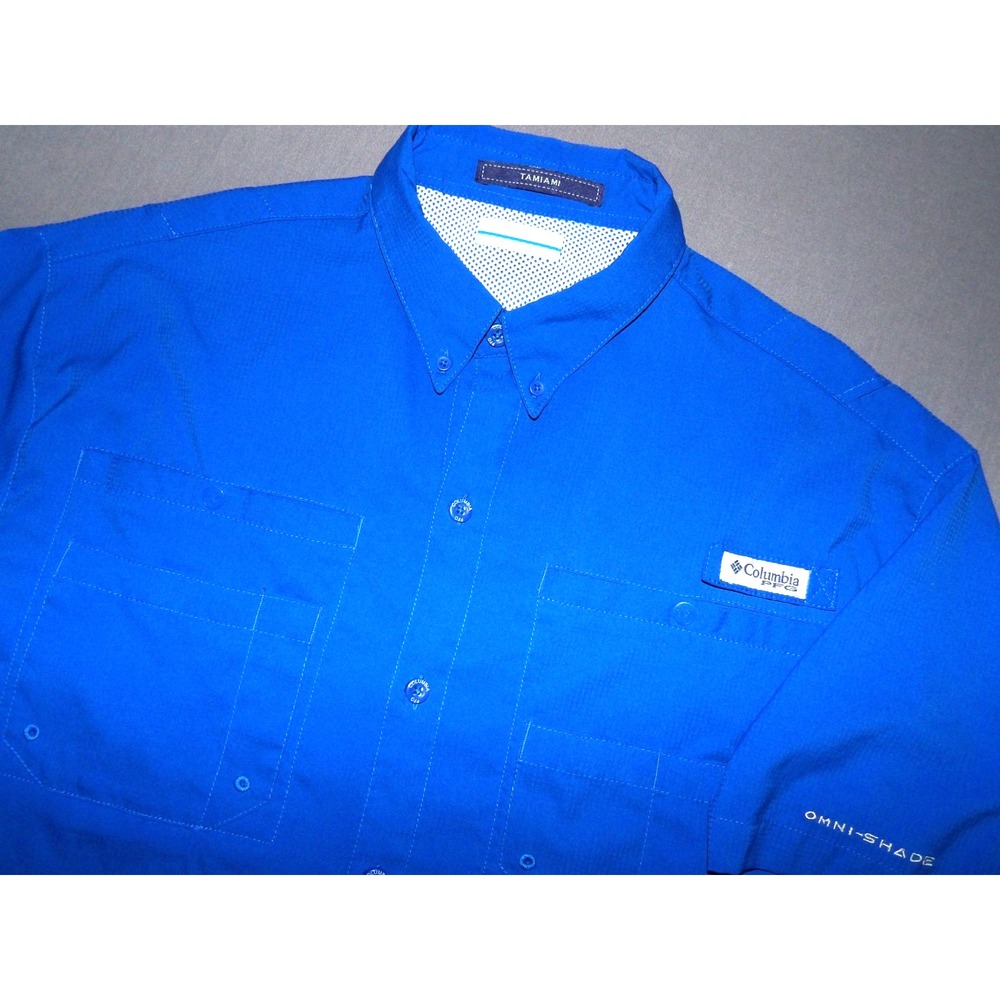 Columbia PFG Omni-Shade TAMIAMI Blue Short Sleeved Button Up Shirt Men's Large